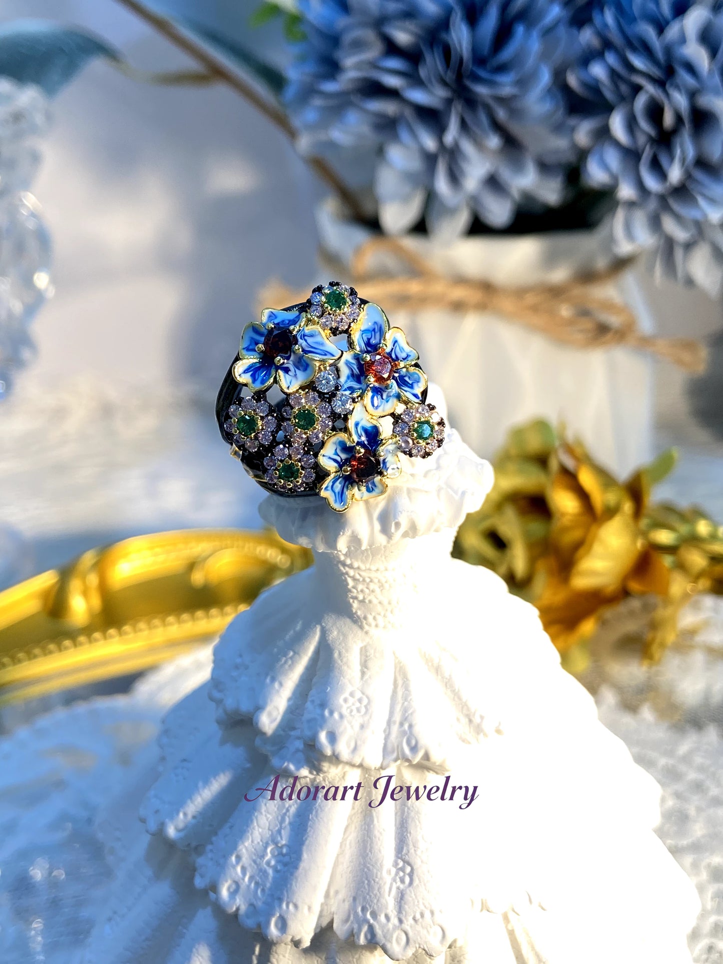Maximalism Vintage Black Gold plated Enamel Floral Ring