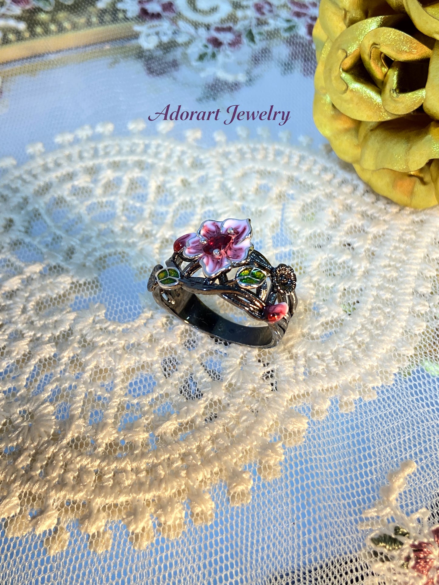 Gothic Style Vintage Black Gold Plated Enamel Floral Ring