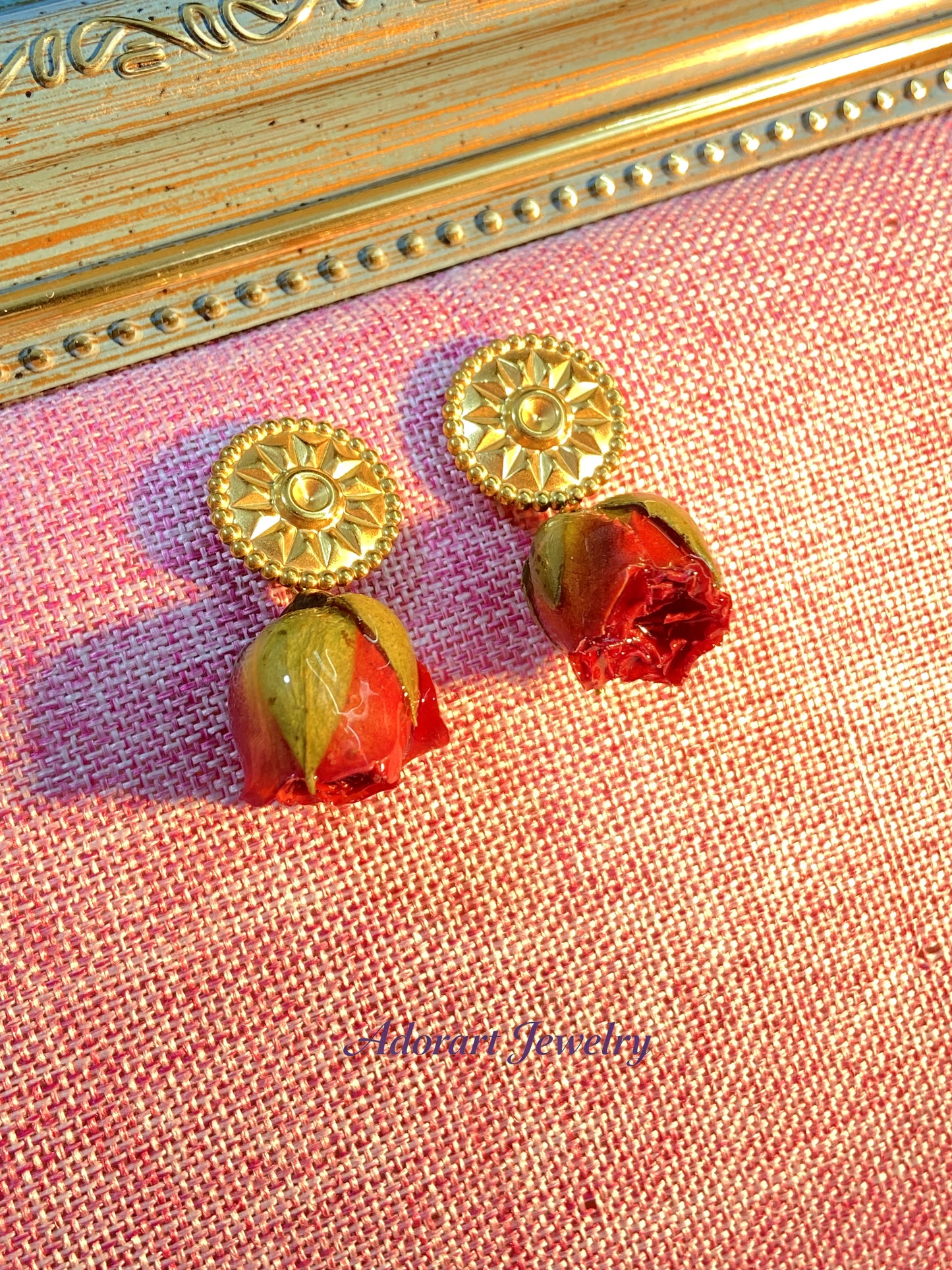 Handmade Stainless Steel Resin Orange-yellow Rose Stud Earrings