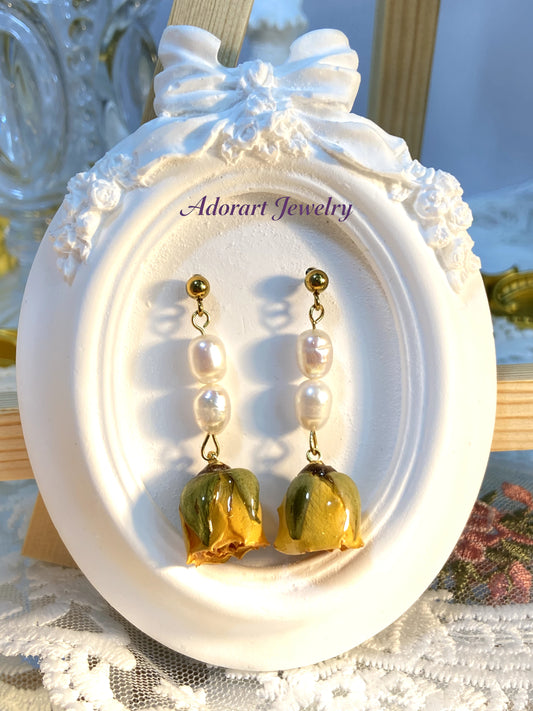 Handmade Stainless Steel Resin Yellow Rose Pearl Stud Earrings