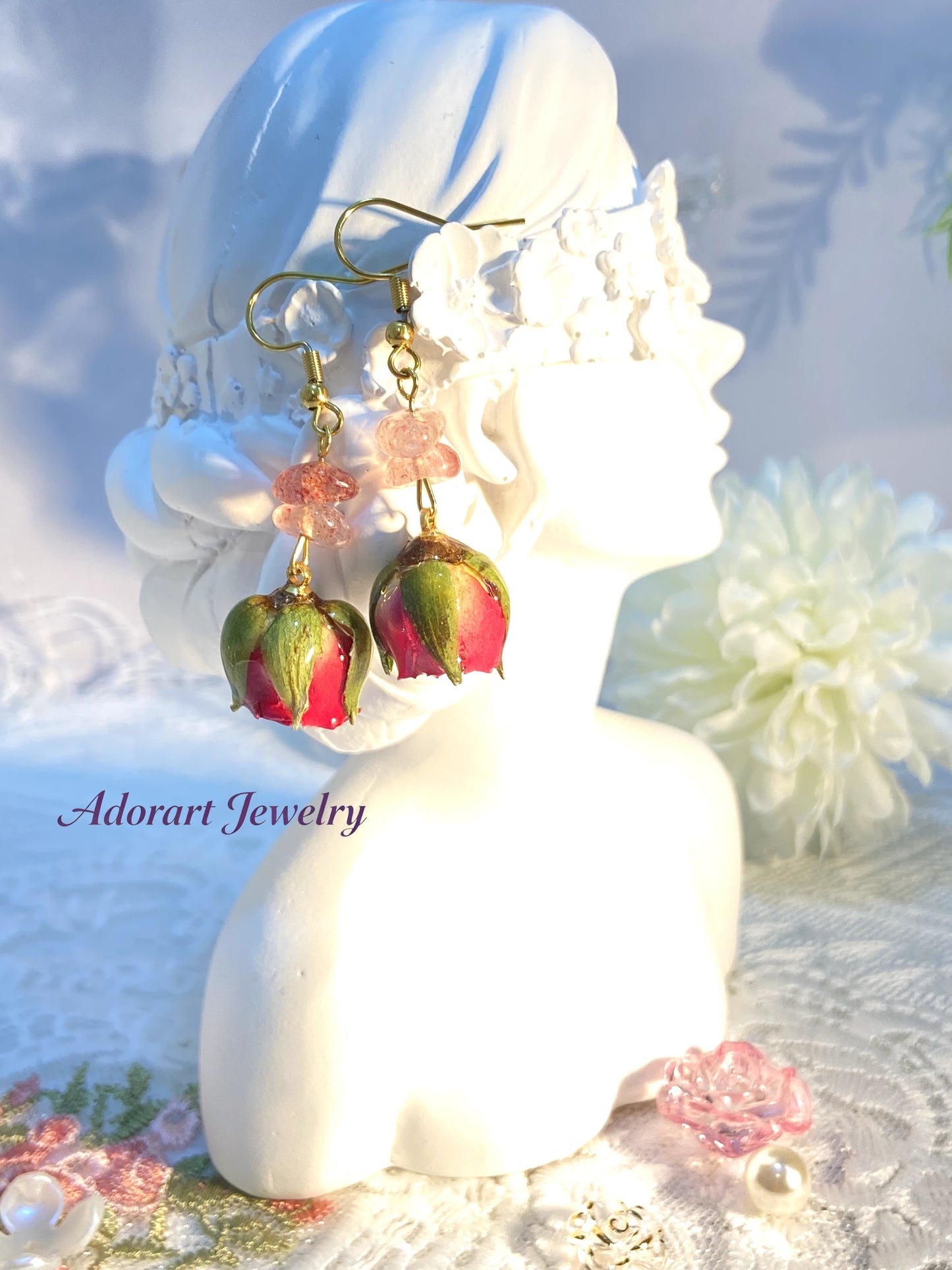 Handmade Stainless Steel Resin Rose Strawberry Quartz Crystal Earrings
