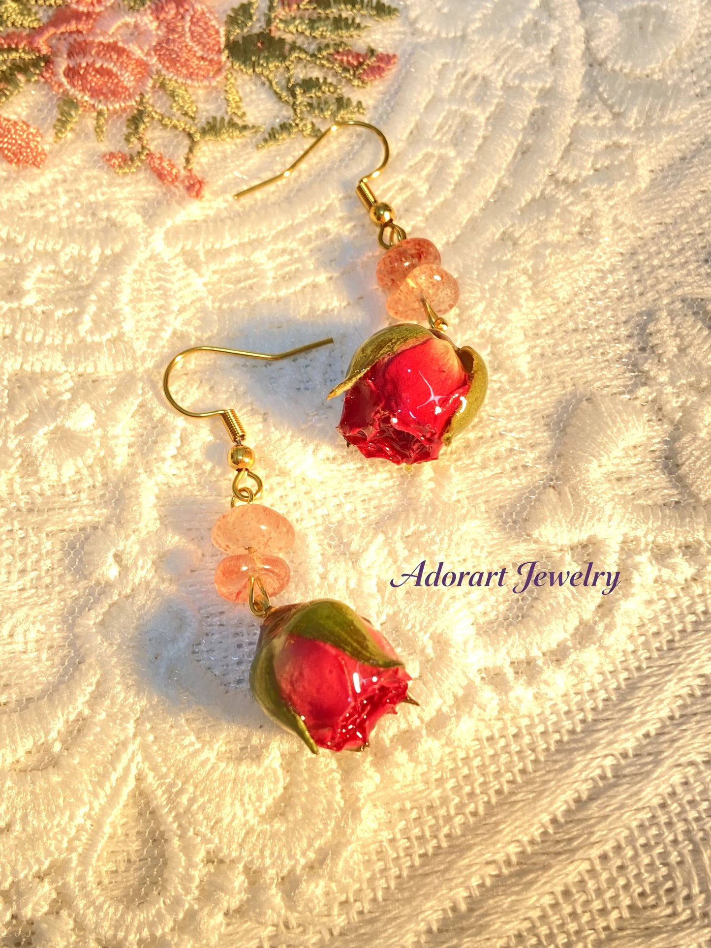 Handmade Stainless Steel Resin Rose Strawberry Quartz Crystal Earrings
