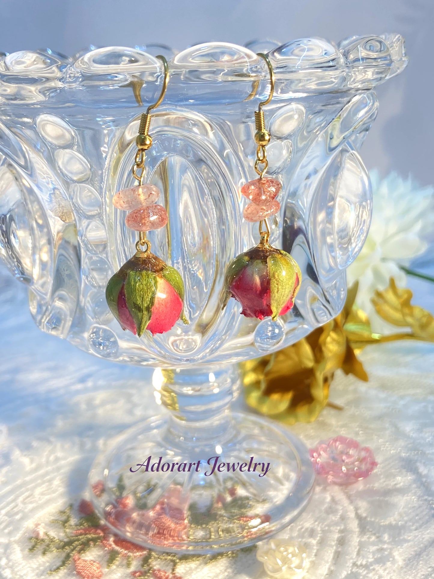 Handmade Stainless Steel Resin Rose Strawberry Quartz Crystal Earrings