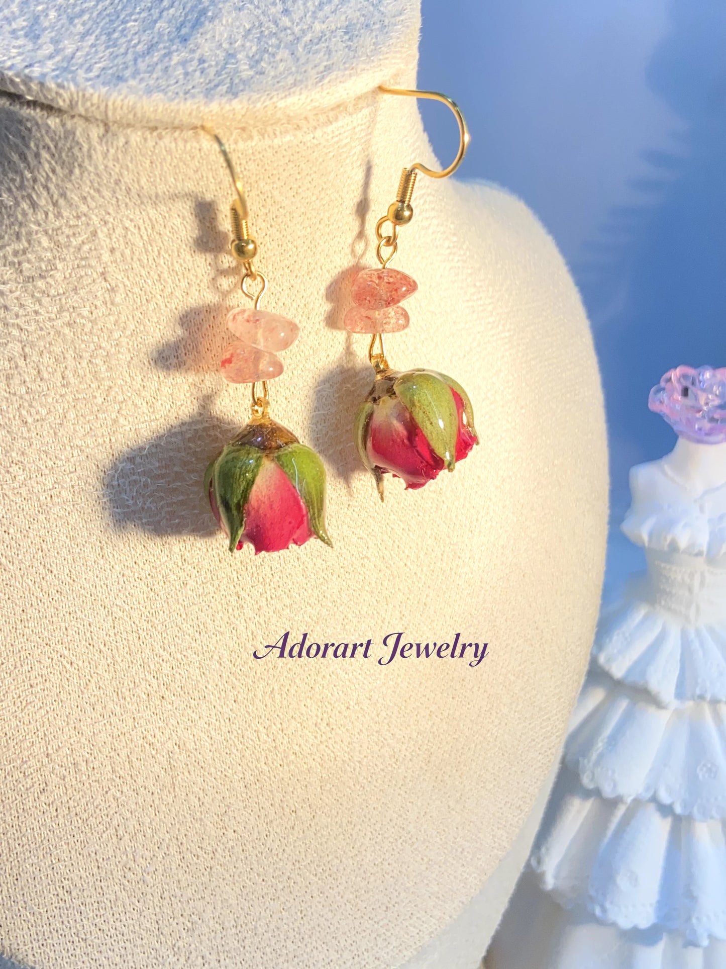 Handmade Stainless Steel Resin Rose Strawberry Quartz Crystal Earrings