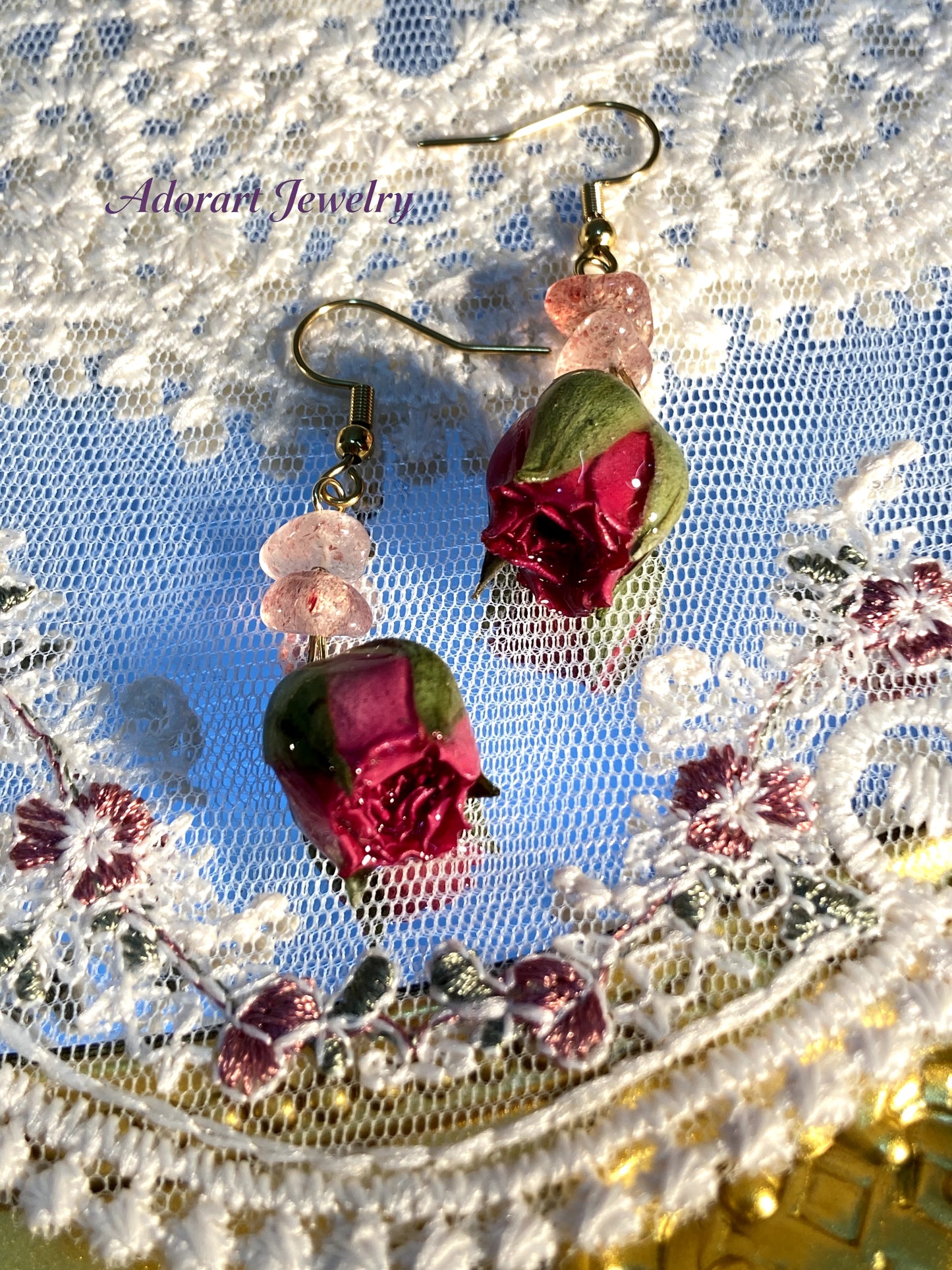 Handmade Stainless Steel Resin Rose Strawberry Quartz Crystal Earrings