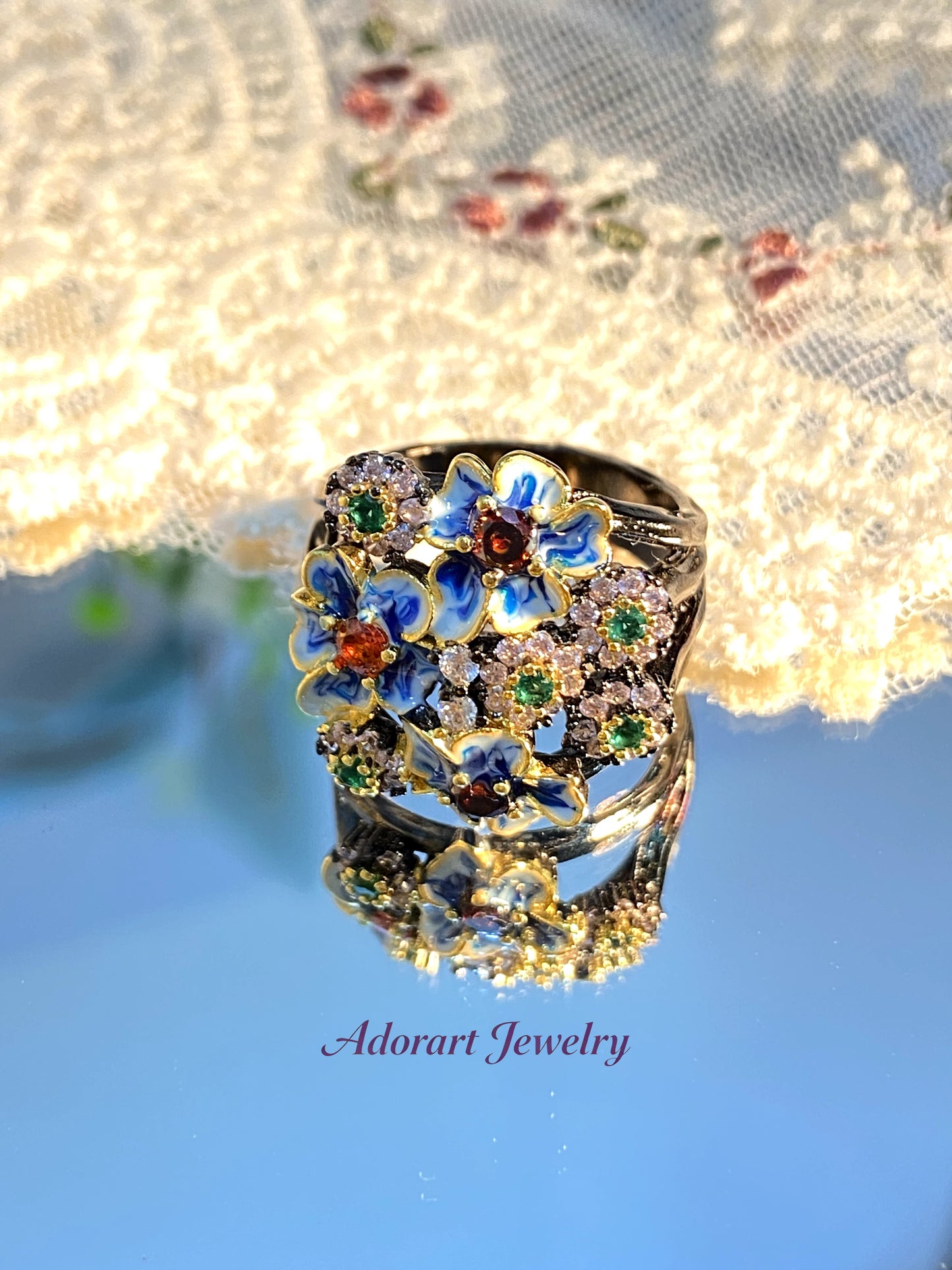 Maximalism Vintage Black Gold plated Enamel Floral Ring