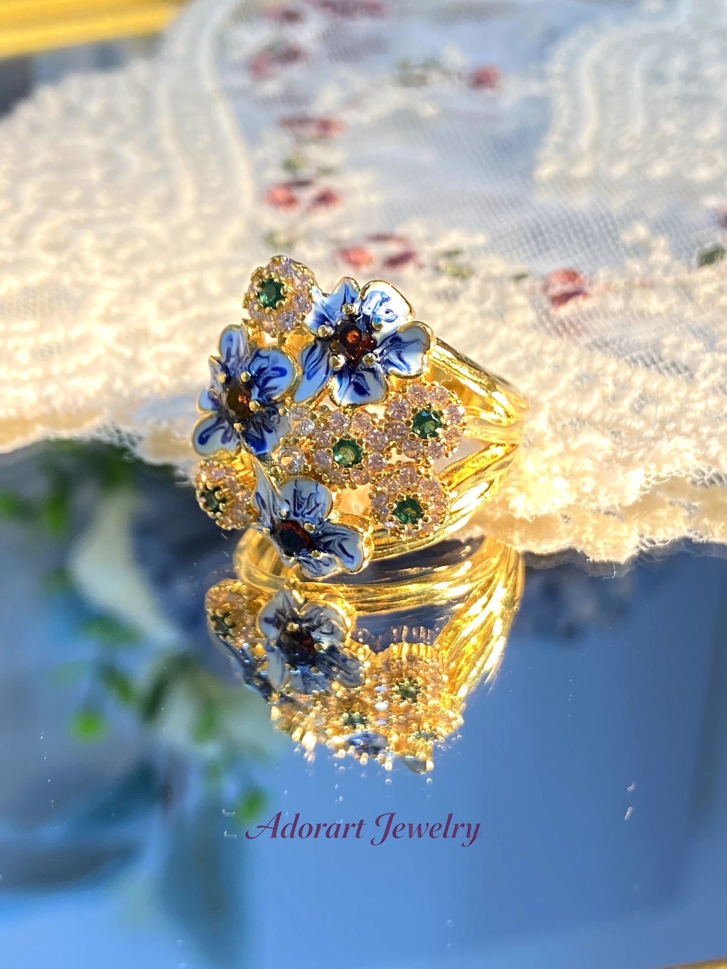 Maximalism Vintage Black Gold plated Enamel Floral Ring