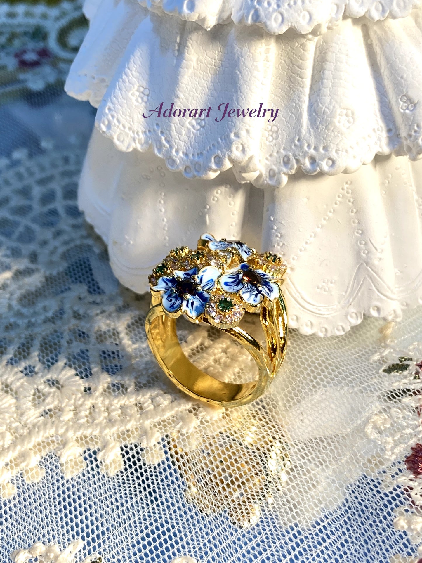 Maximalism Vintage Black Gold plated Enamel Floral Ring