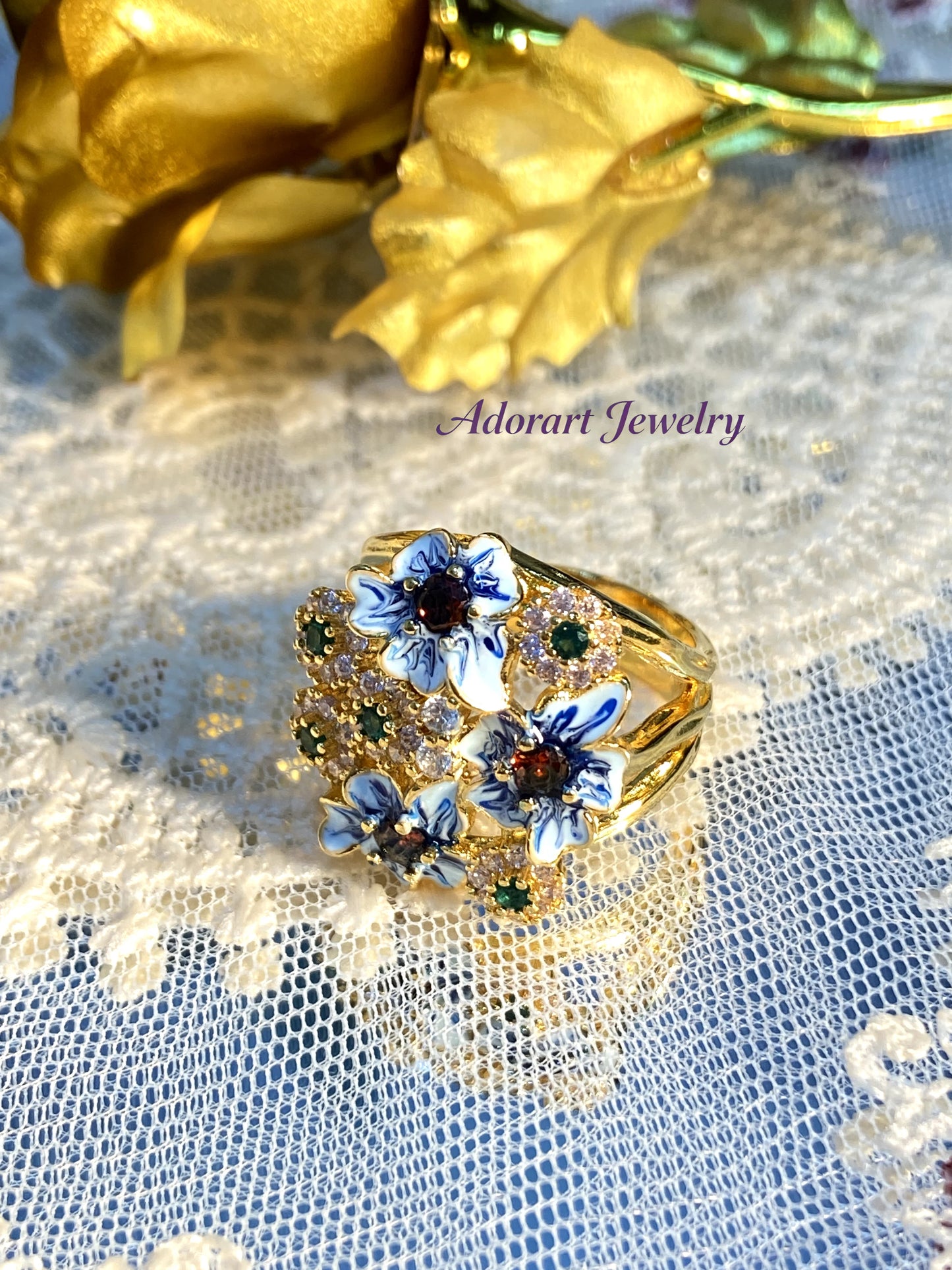 Maximalism Vintage Black Gold plated Enamel Floral Ring