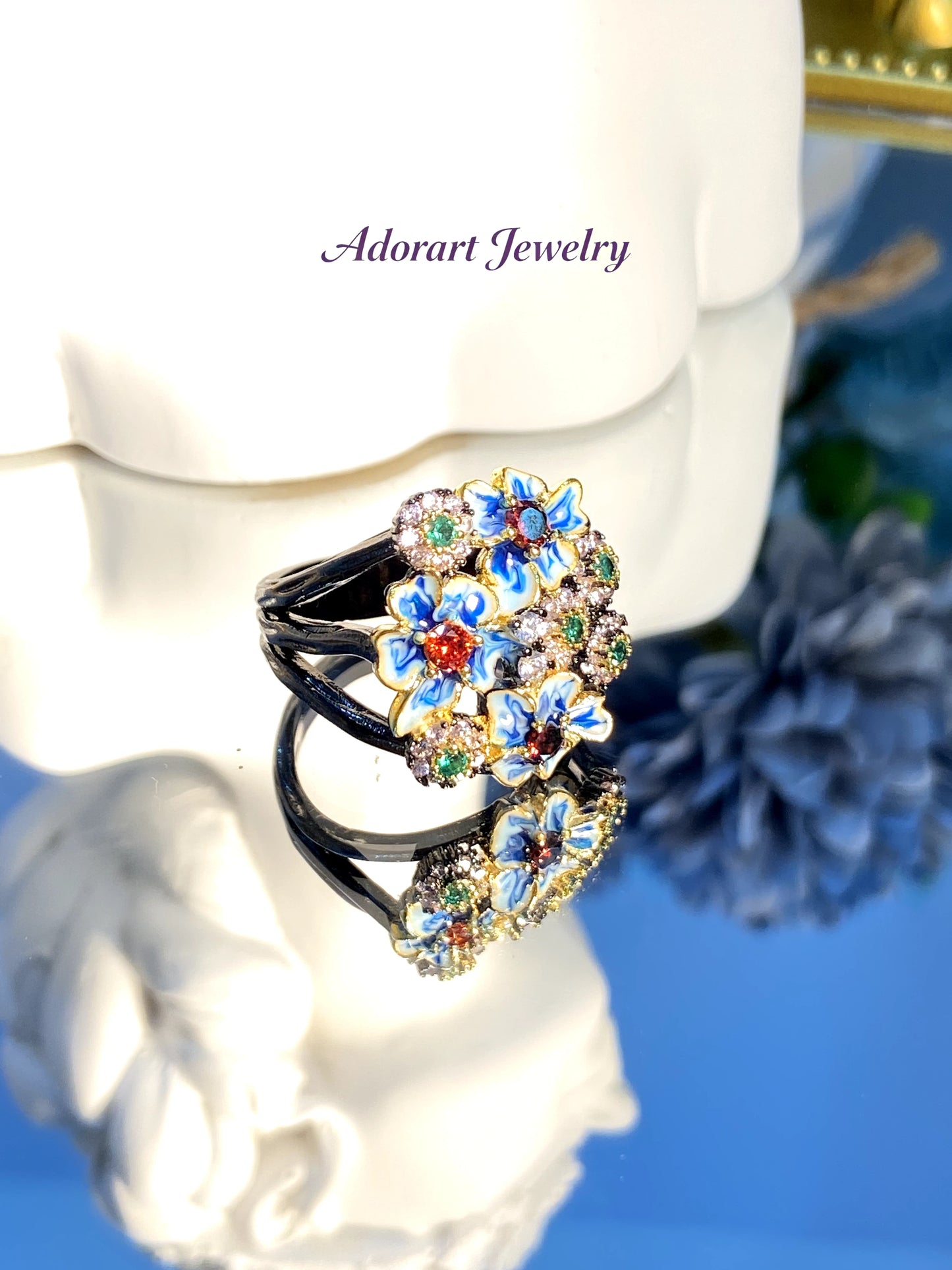 Maximalism Vintage Black Gold plated Enamel Floral Ring