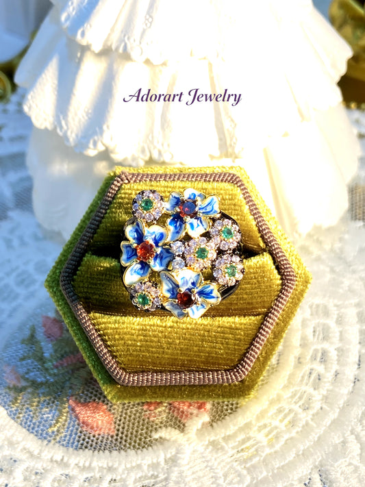 Maximalism Vintage Black Gold plated Enamel Floral Ring