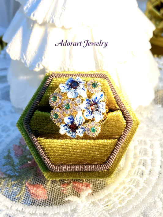 Maximalism Vintage Black Gold plated Enamel Floral Ring