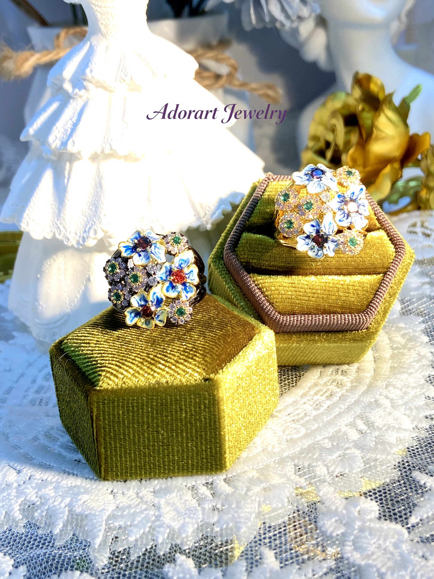 Maximalism Vintage Black Gold plated Enamel Floral Ring