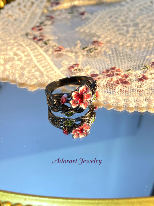Gothic Style Vintage Black Gold Plated Enamel Floral Ring