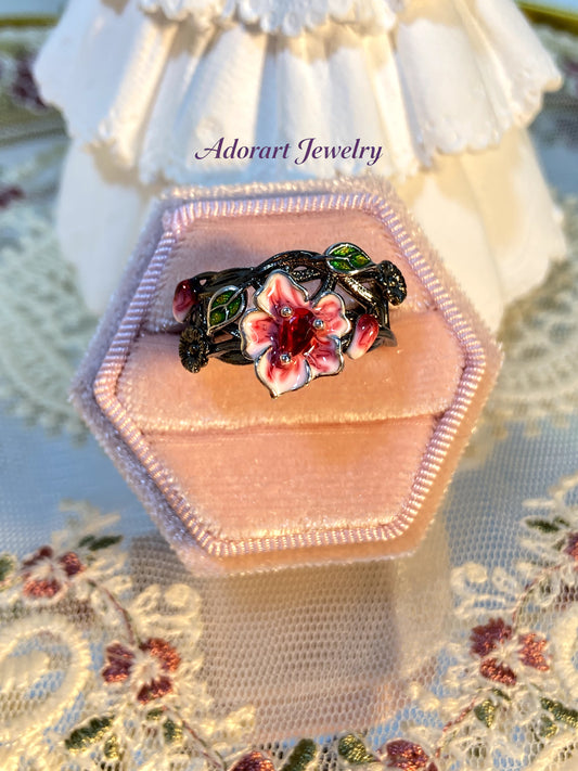 Gothic Style Vintage Black Gold Plated Enamel Floral Ring