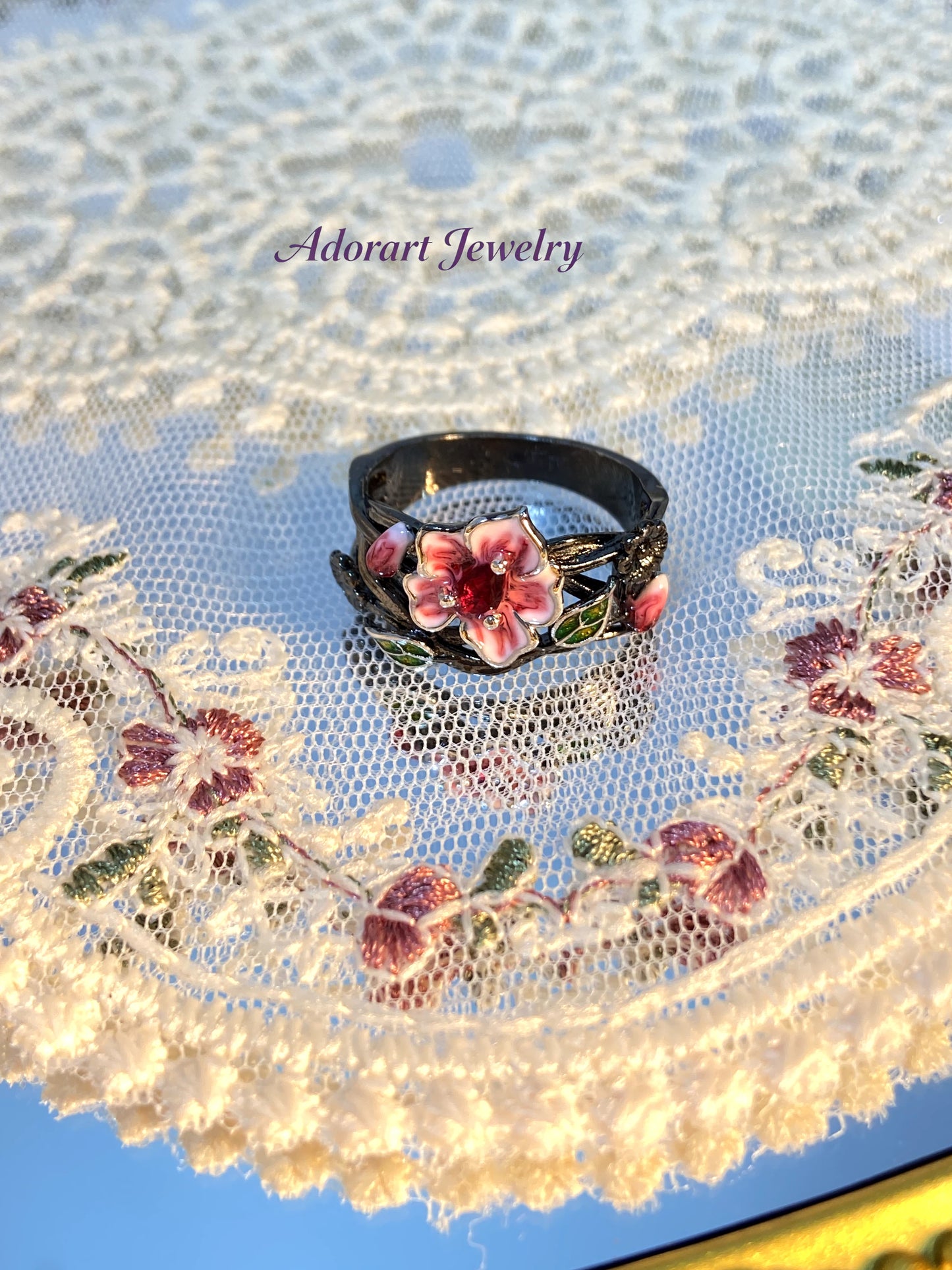 Gothic Style Vintage Black Gold Plated Enamel Floral Ring