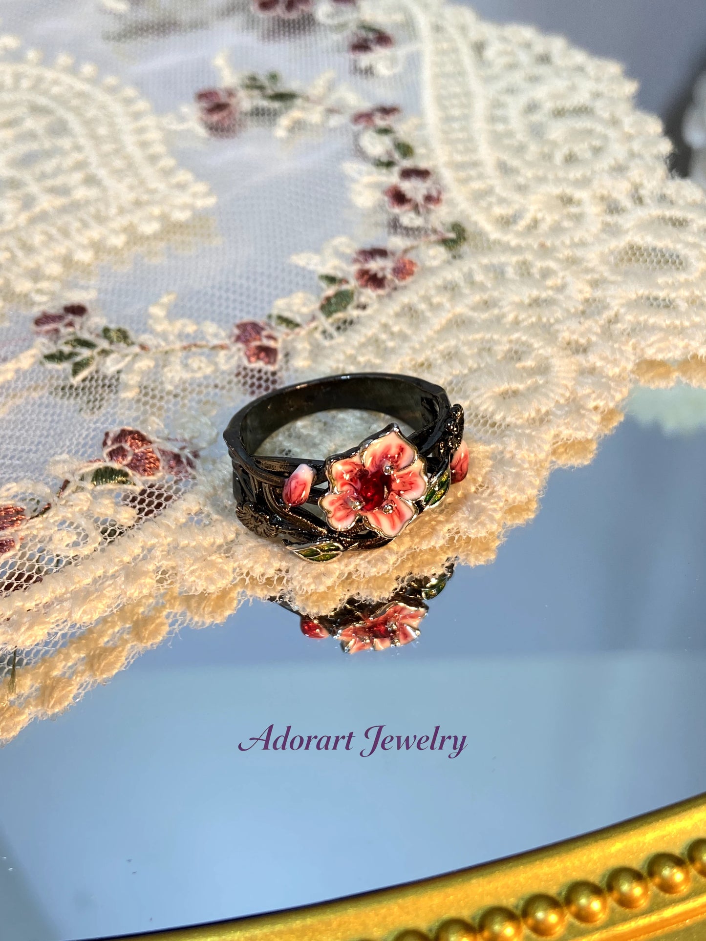 Gothic Style Vintage Black Gold Plated Enamel Floral Ring