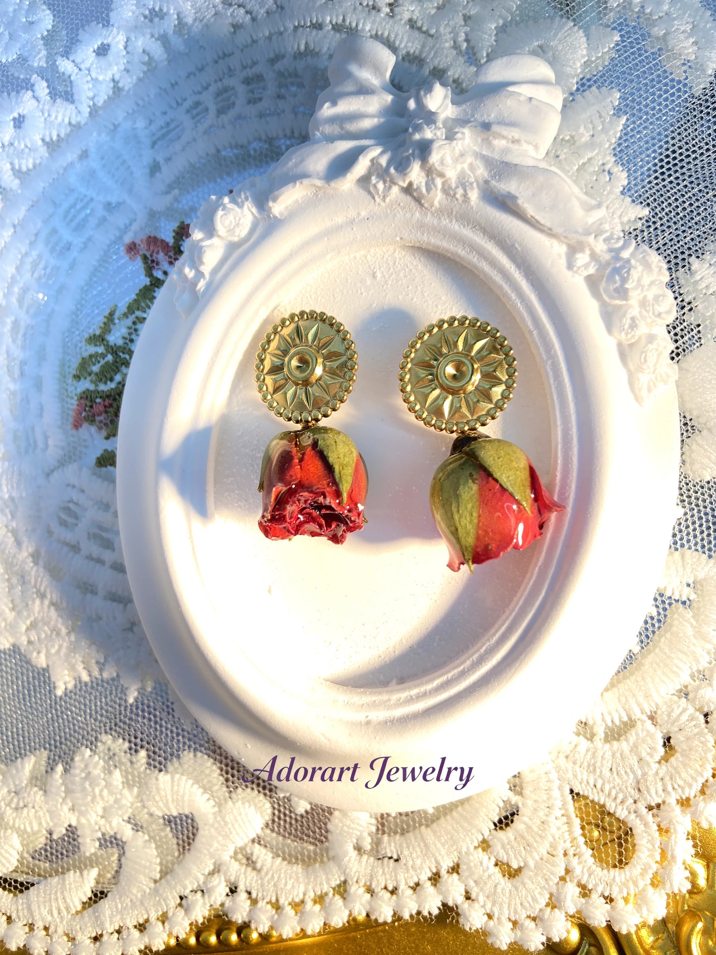 Handmade Stainless Steel Resin Orange-yellow Rose Stud Earrings