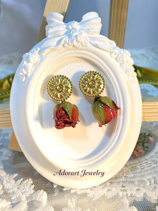 Handmade Stainless Steel Resin Orange-yellow Rose Stud Earrings