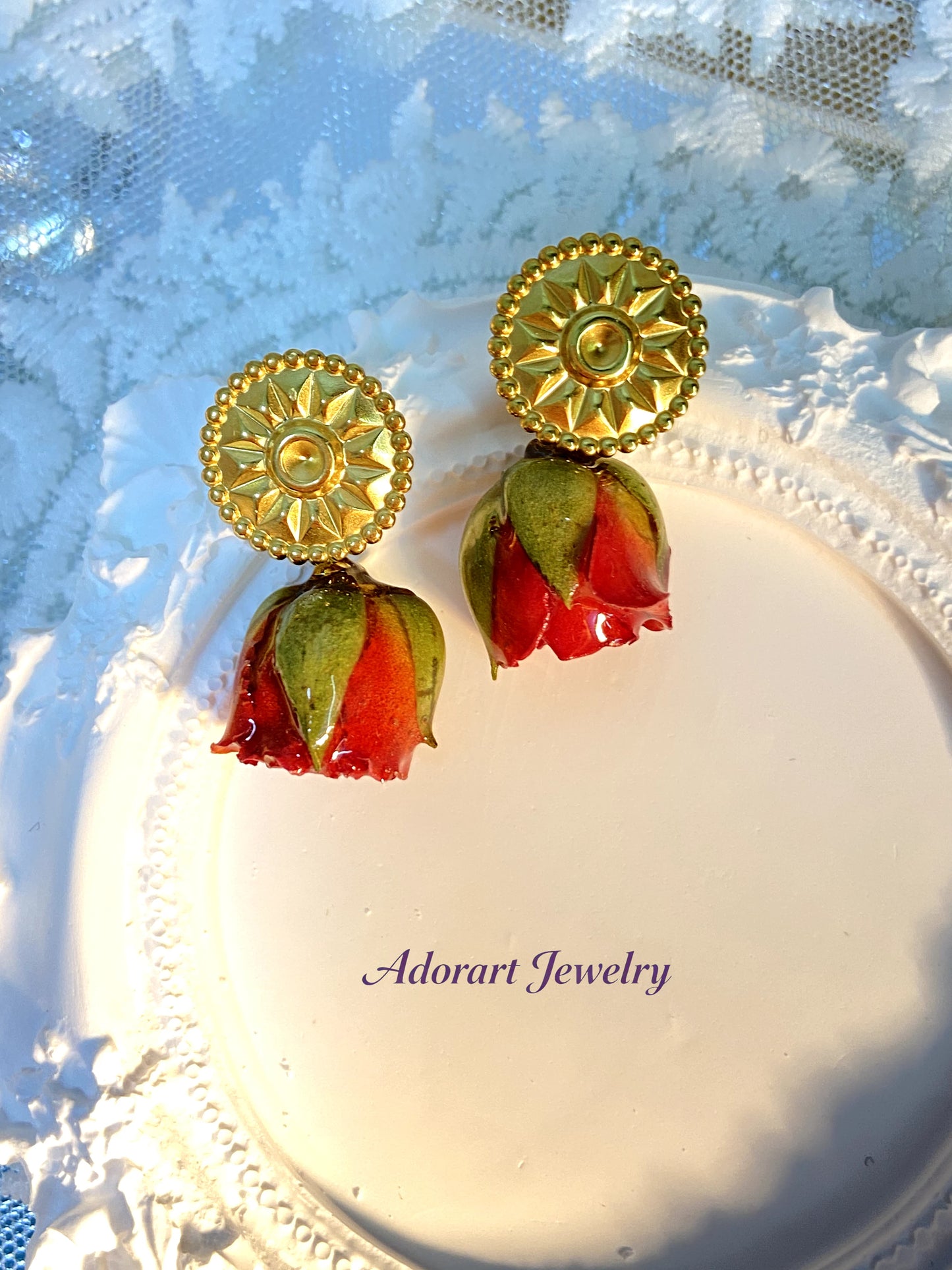 Handmade Stainless Steel Resin Orange-yellow Rose Stud Earrings
