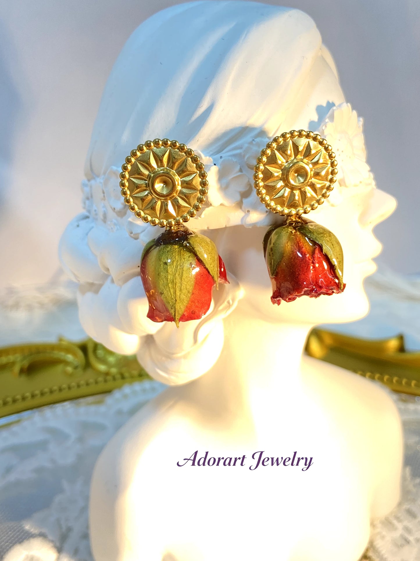 Handmade Stainless Steel Resin Orange-yellow Rose Stud Earrings
