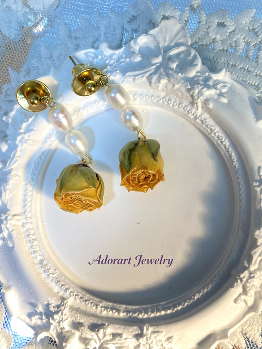 Handmade Stainless Steel Resin Yellow Rose Pearl Stud Earrings