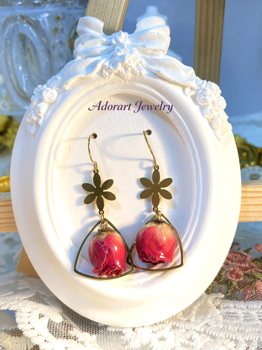 Handmade Stainless Steel Resin Fuchsia Pink Rose Drop Earrings