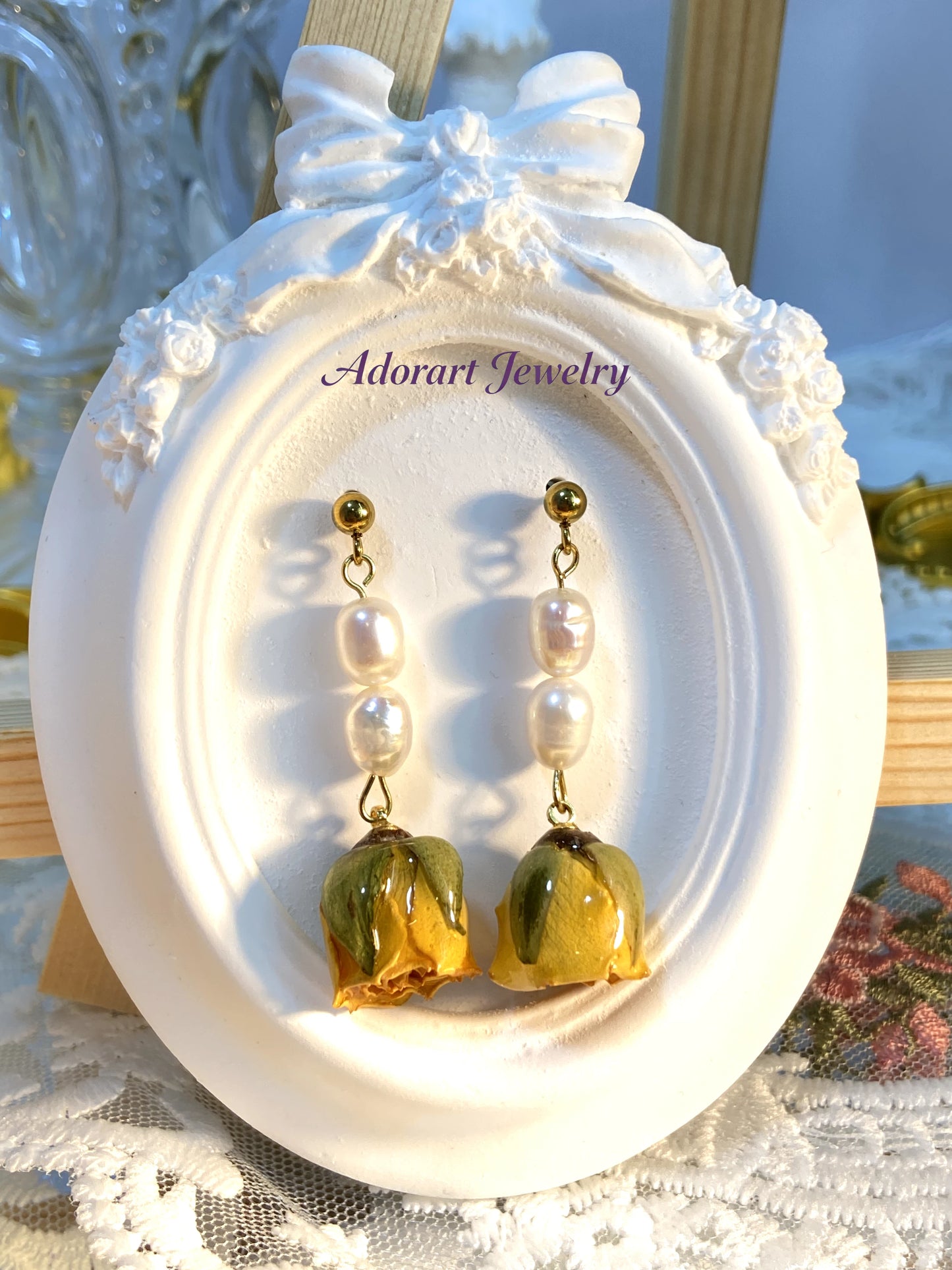 Handmade Stainless Steel Resin Yellow Rose Pearl Stud Earrings