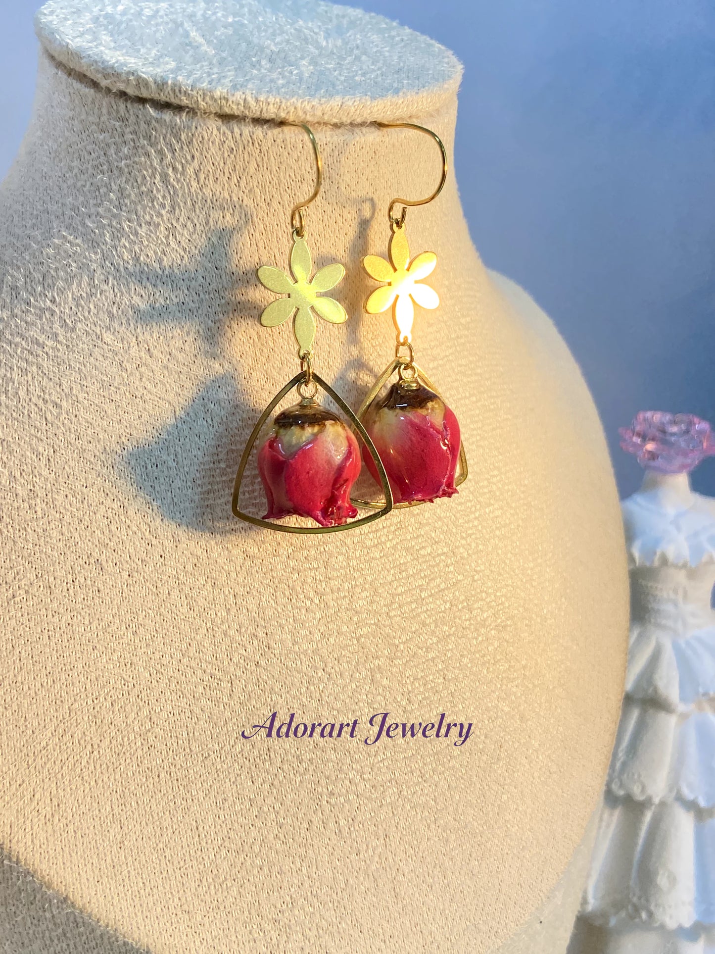 Handmade Stainless Steel Resin Fuchsia Pink Rose Drop Earrings