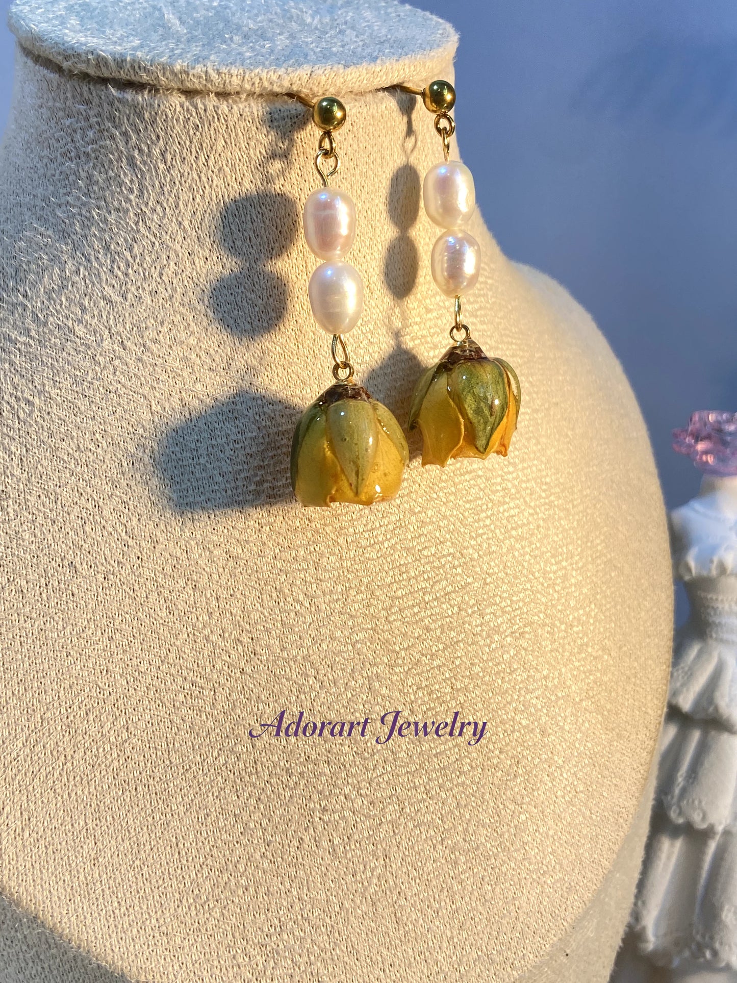 Handmade Stainless Steel Resin Yellow Rose Pearl Stud Earrings