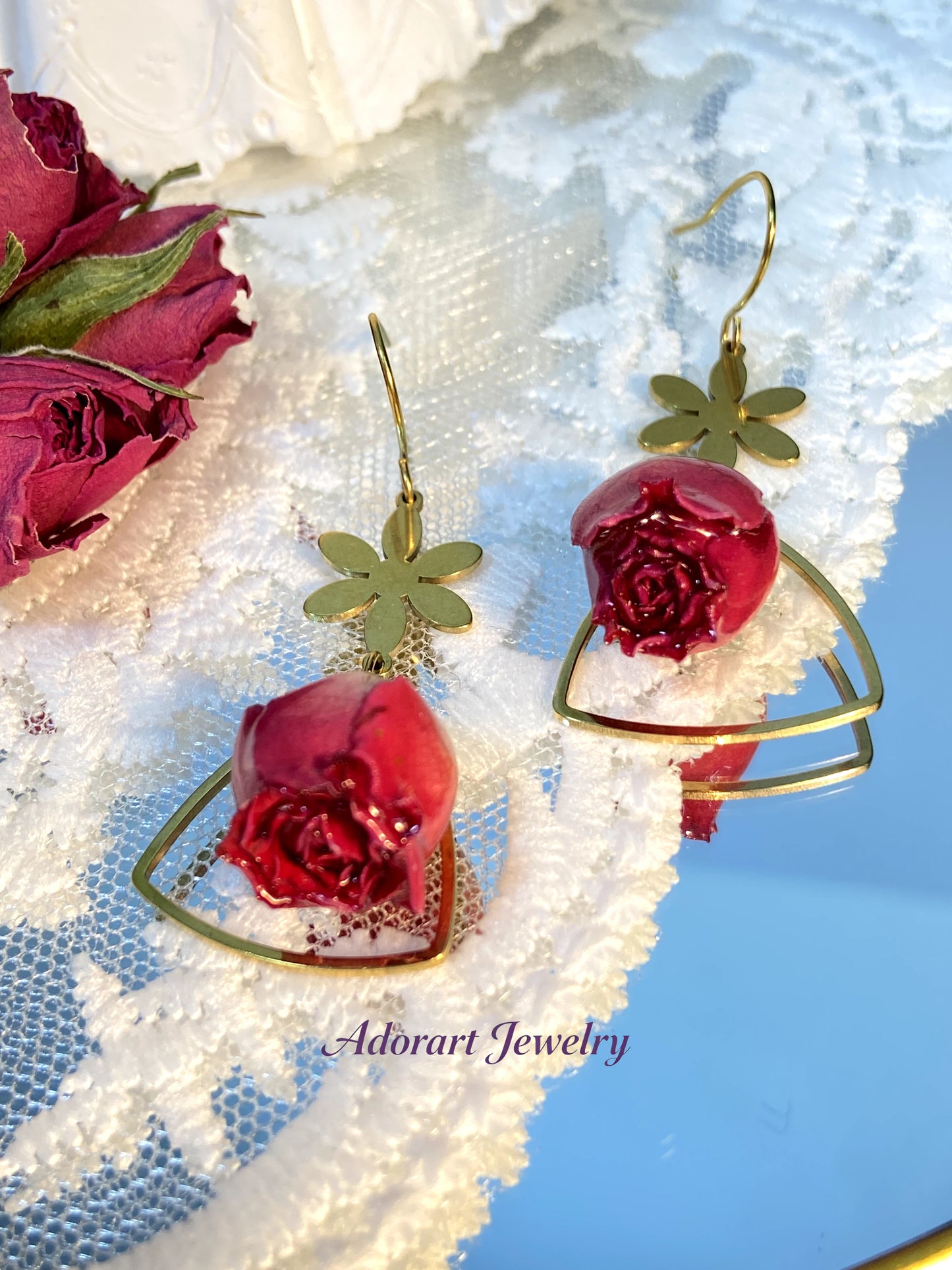 Handmade Stainless Steel Resin Fuchsia Pink Rose Drop Earrings