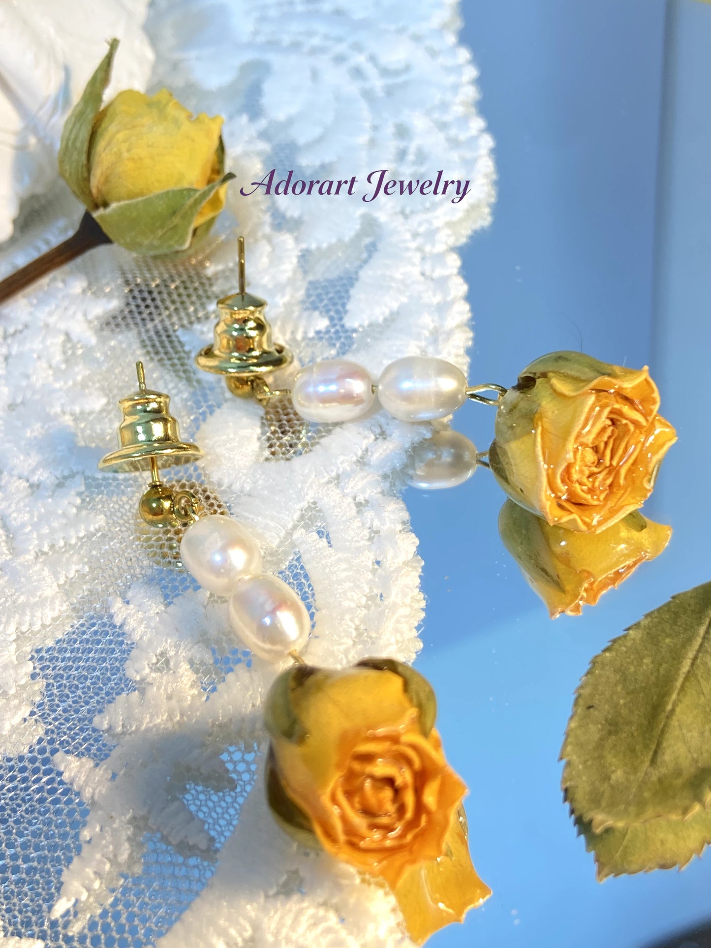 Handmade Stainless Steel Resin Yellow Rose Pearl Stud Earrings