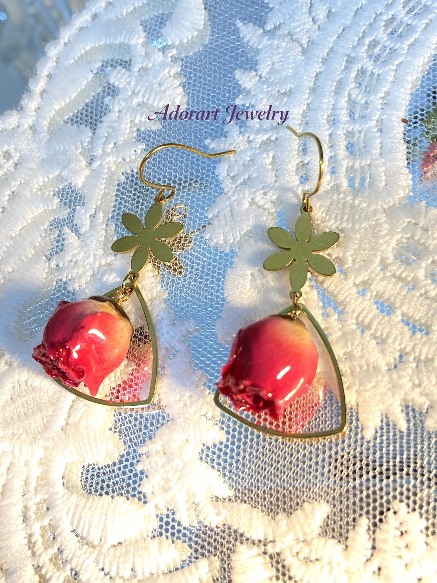 Handmade Stainless Steel Resin Fuchsia Pink Rose Drop Earrings
