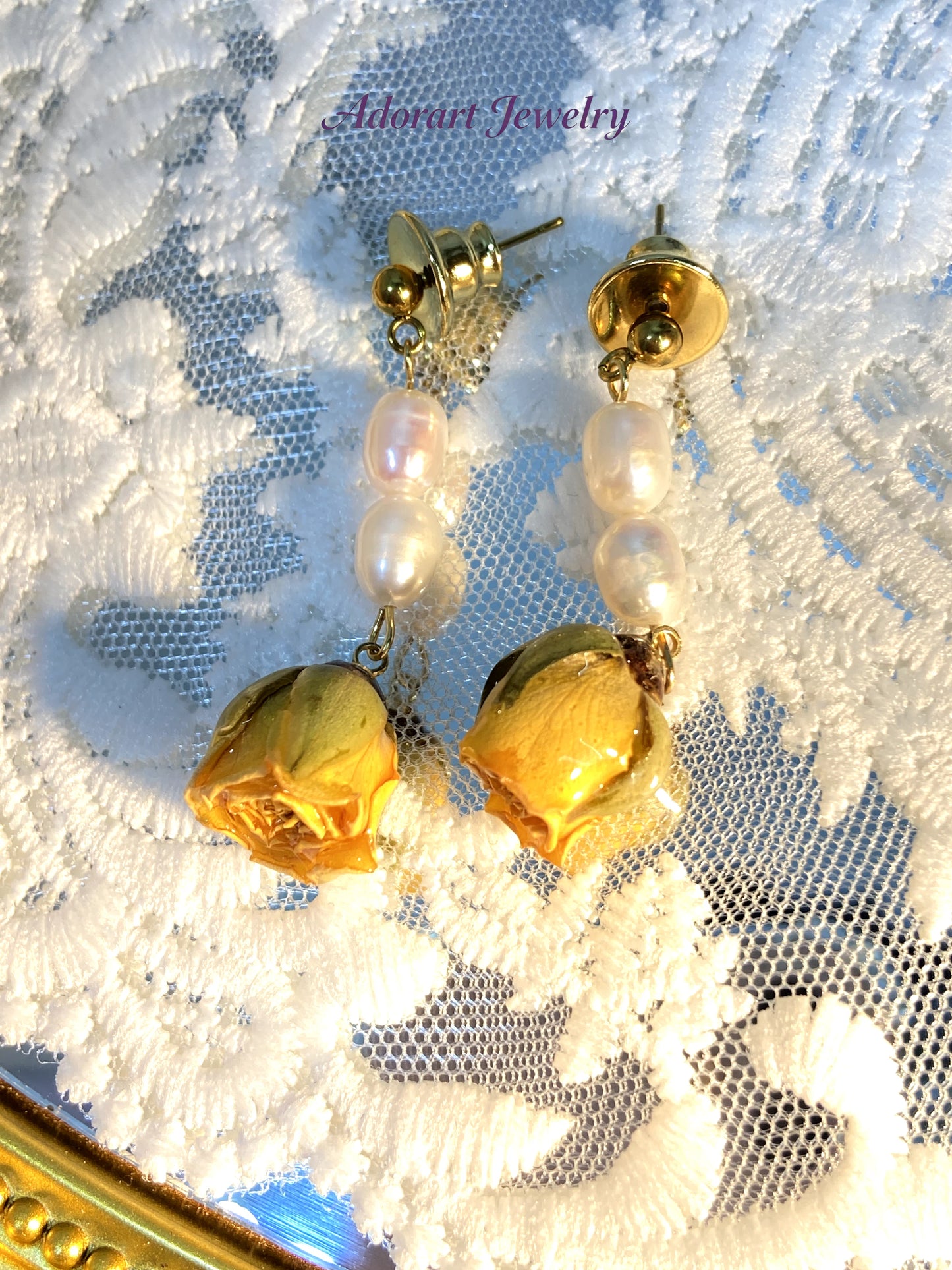 Handmade Stainless Steel Resin Yellow Rose Pearl Stud Earrings